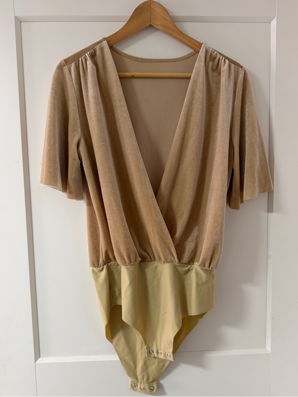 Women's Velvet Surplice Bodysuit in Beige